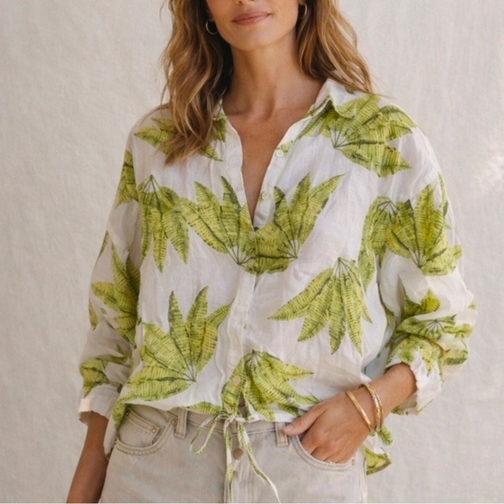 Mark New York Lightweight White Linen Blend Shirt Top with Green Leaf Print L